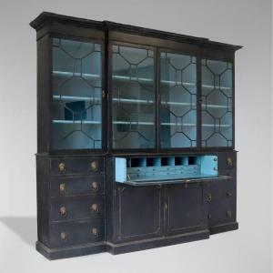Early 20th Century Painted 4-door Secretaire Breakfront Library Bookcase