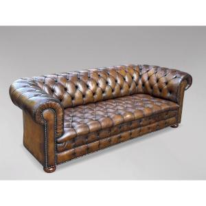19ème Siècle, Chesterfield 3 Places en Cuir Marron Victorien 