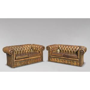 Paire de Canapés Chesterfield 2 Places en Cuir Vert du Début du 20ème Siècle