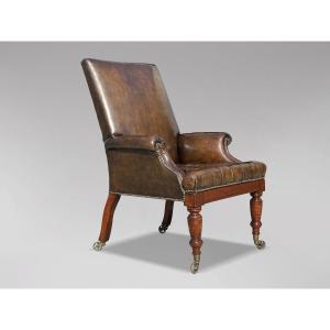 Large 19th Century William IV Period Green Leather Mahogany Armchair