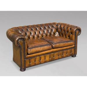 Début 20ème Siècle, Canapé Chesterfield 2 Places en Cuir Brun