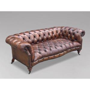 19ème Siècle, Canapé Chesterfield en Cuir Marron, Période Victorienne