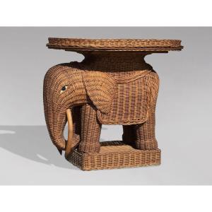 Table d’Appoint Italienne en Forme d’Éléphant en Osier Tressé, Années 1970