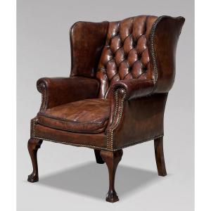 19ème Siècle, Fauteuil à Oreilles en Cuir Brun 