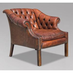 19ème Siècle, Fauteuil Club en Cuir Brun, Époque Victorienne