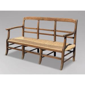 19th-century French Walnut Hall Bench With Rush Seat