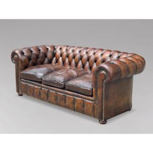 19ème Siècle, Chesterfield Victorien 3-Places en Cuir Marron