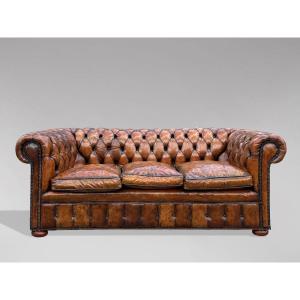 19th-century Victorian-period Brown Leather 3-seater Chesterfield Sofa