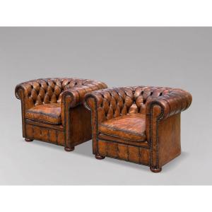 Pair Of 19th-century Victorian-period Brown Leather Club Armchairs