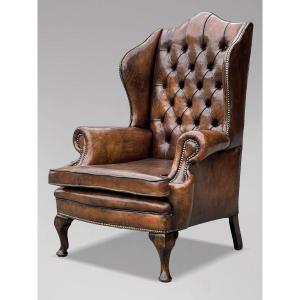 19th-century Brown Leather Library Armchair