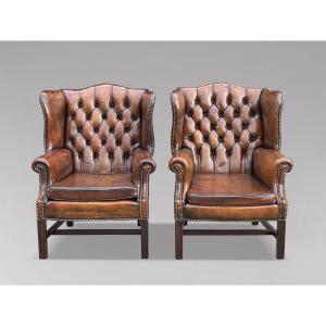 Pair Of 19th-century Brown Leather Wingback Armchairs