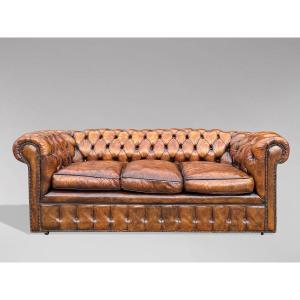 19th-century Victorian Three-seater Brown Leather Chesterfield Sofa