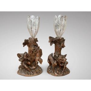 19th Century Pair Of Black Forest Carved Wood Flower Vases