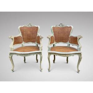 19th Century Pair Of French Cane And Painted Armchairs