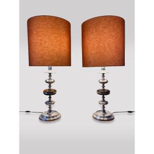 20th Century Pair Of Tall Silver Candelabra Table Lamps