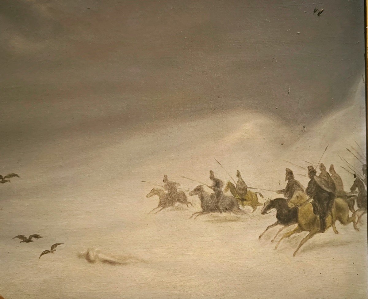 Painting Of The Retreat From Russia Signed Caze. C-photo-3