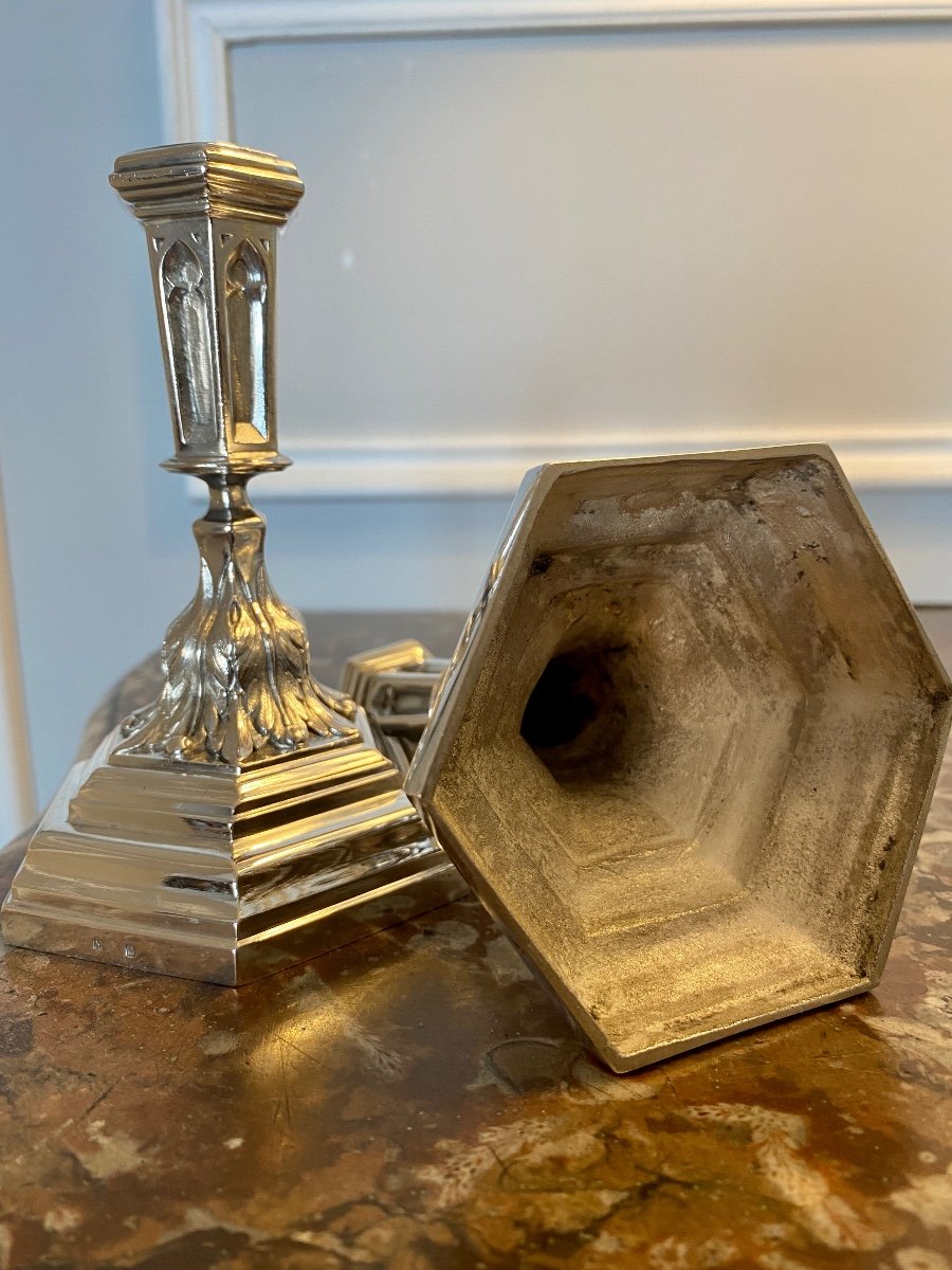 Pair Of Neogothic Candlesticks In Sterling Silver-photo-4