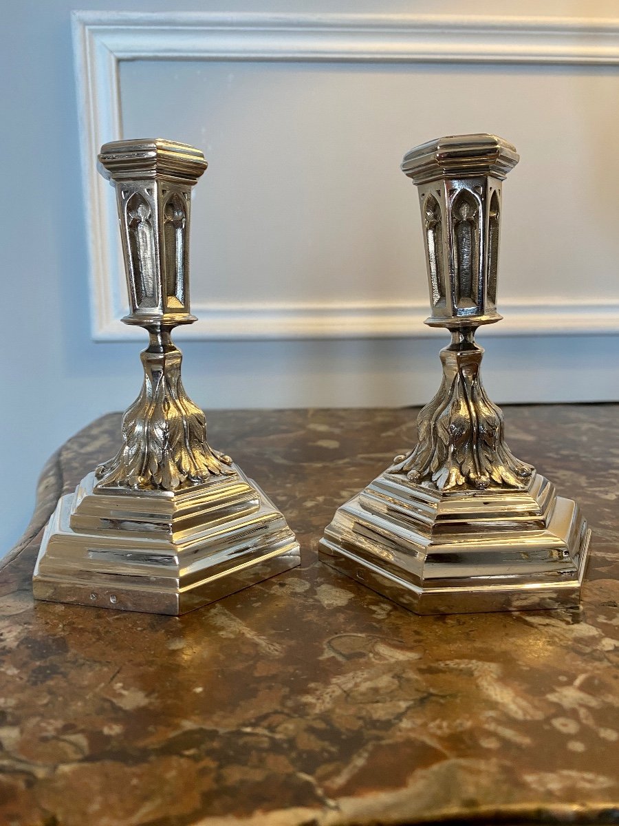 Pair Of Neogothic Candlesticks In Sterling Silver-photo-1