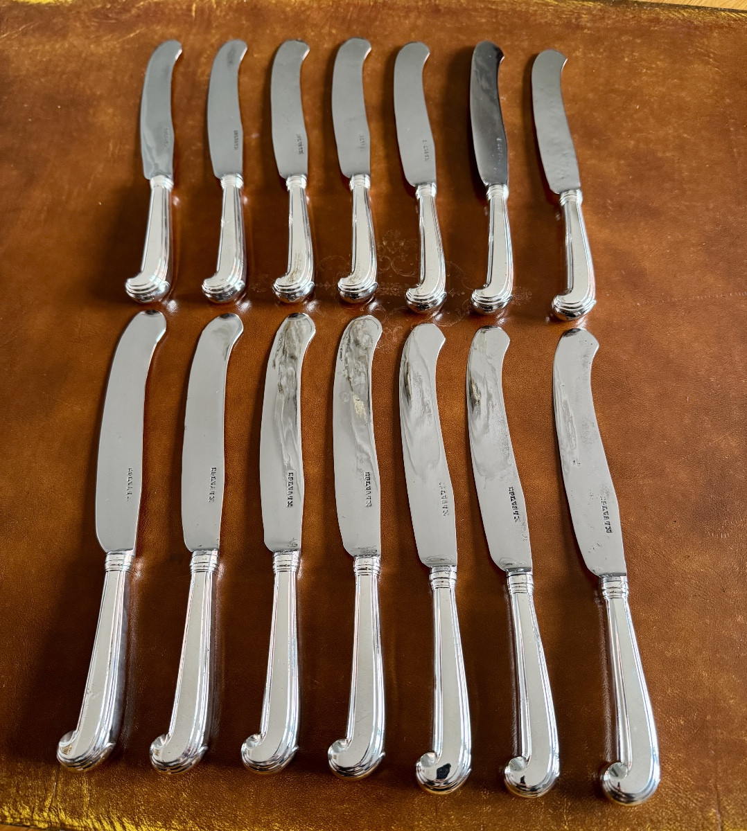 Set Of 14 Knives With Solid Silver Butt Handles