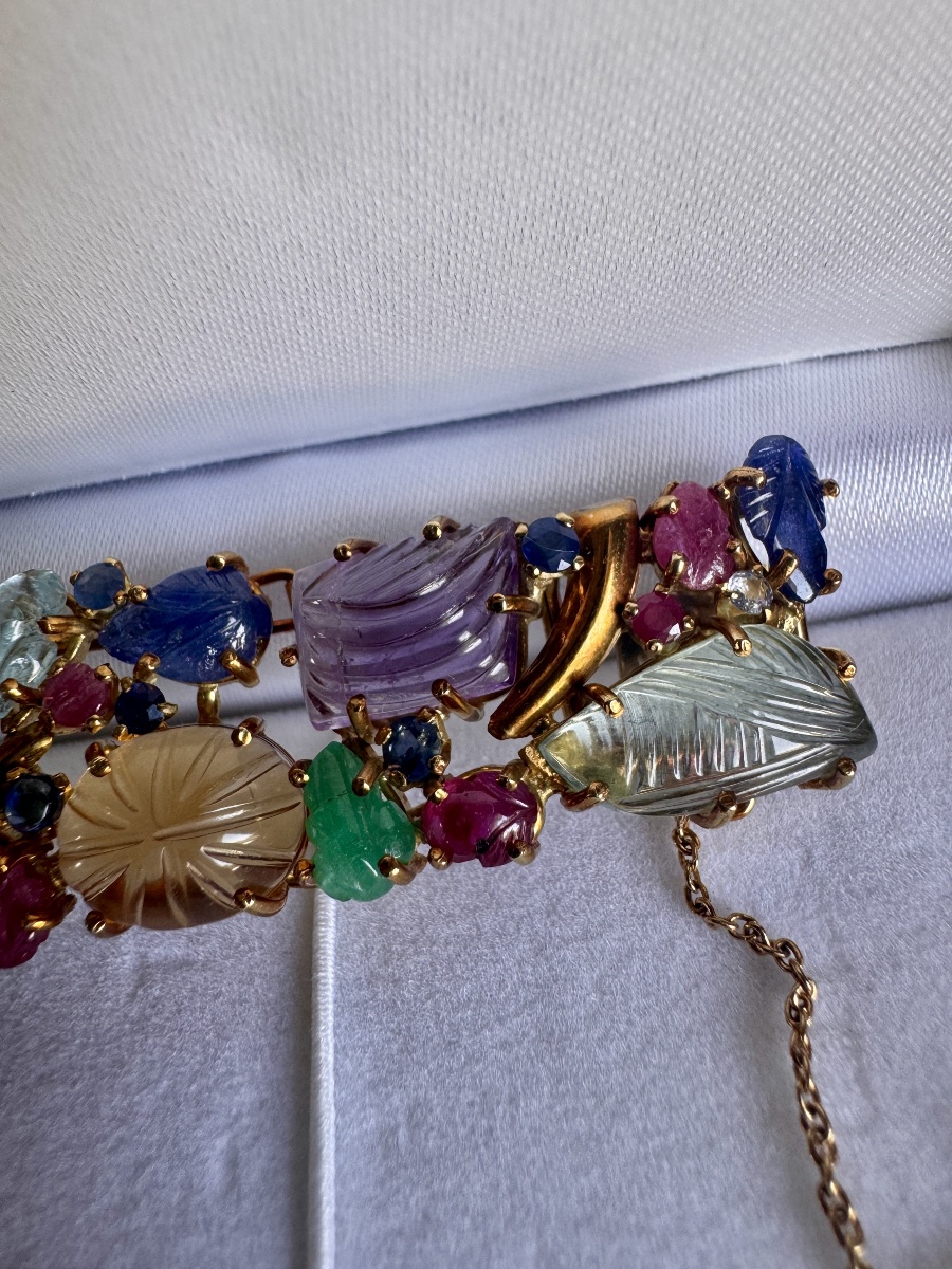 Bracelet Type Tutti Frutti en or 18 carats et pierres dures sculptées, travail italien-photo-3