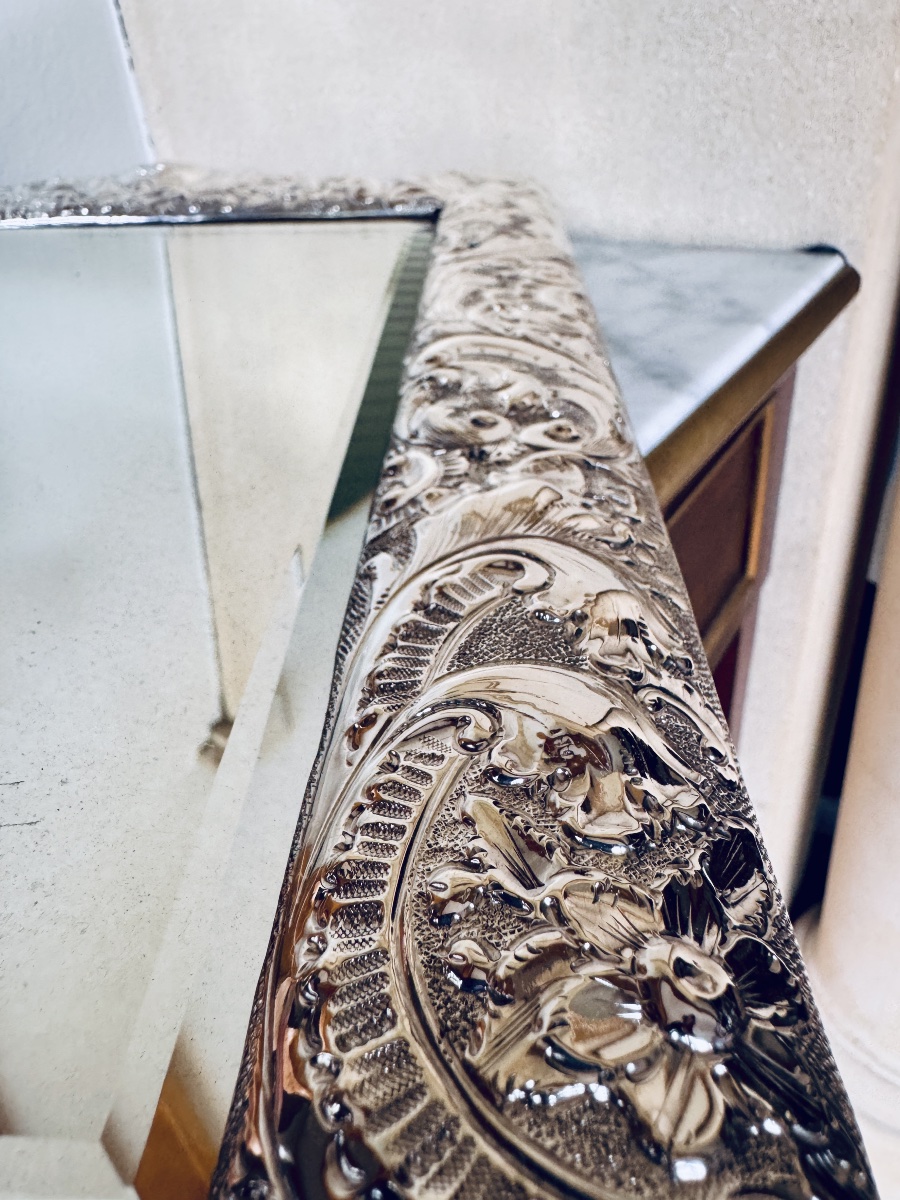 Miroir de table anglais en argent massif repoussé, Birmingham 1896-photo-1
