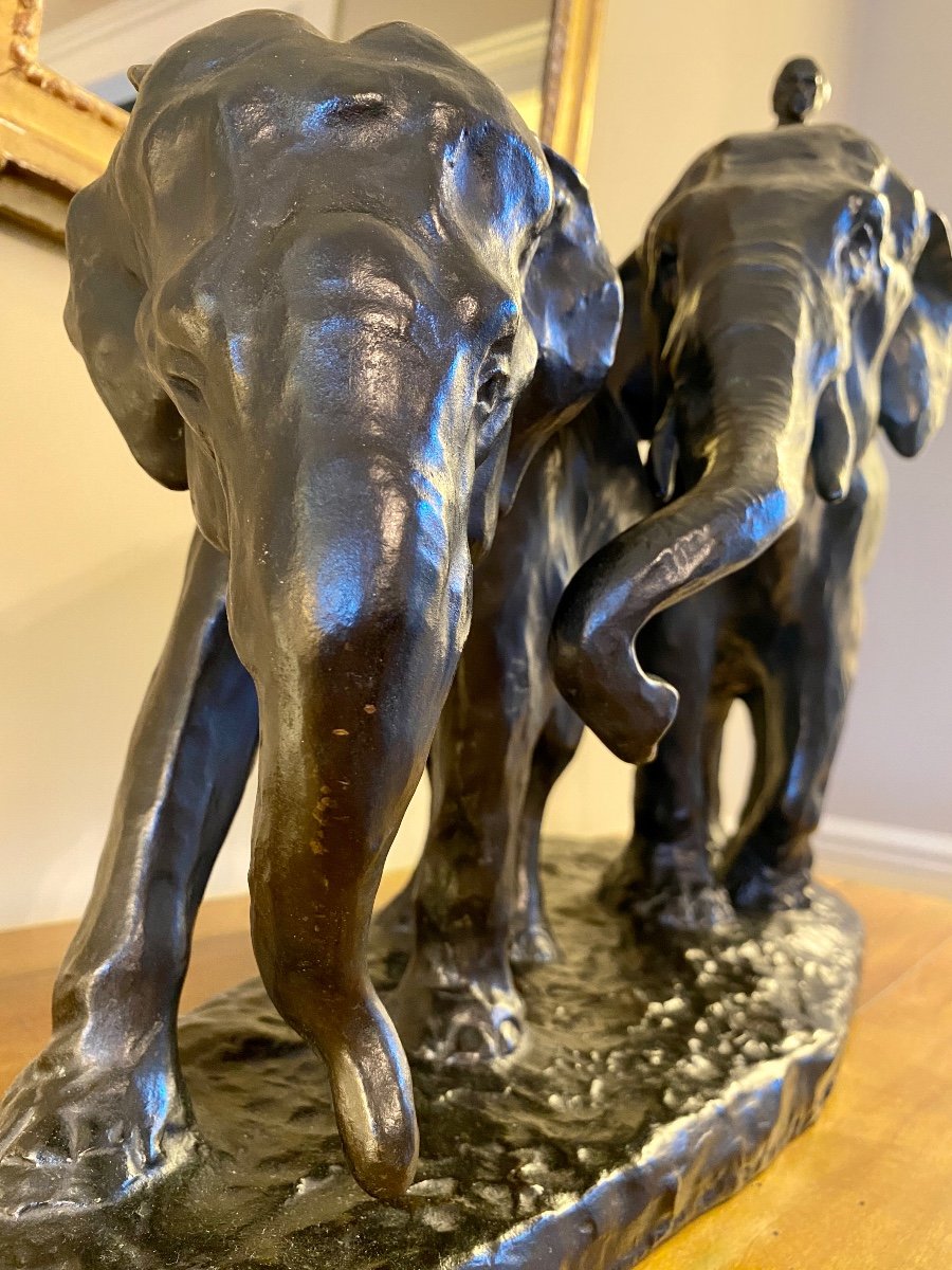 Albert Hager - Eléphants Et Leur Cornac En Bronze-photo-1