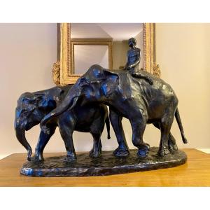 Albert Hager - Eléphants Et Leur Cornac En Bronze