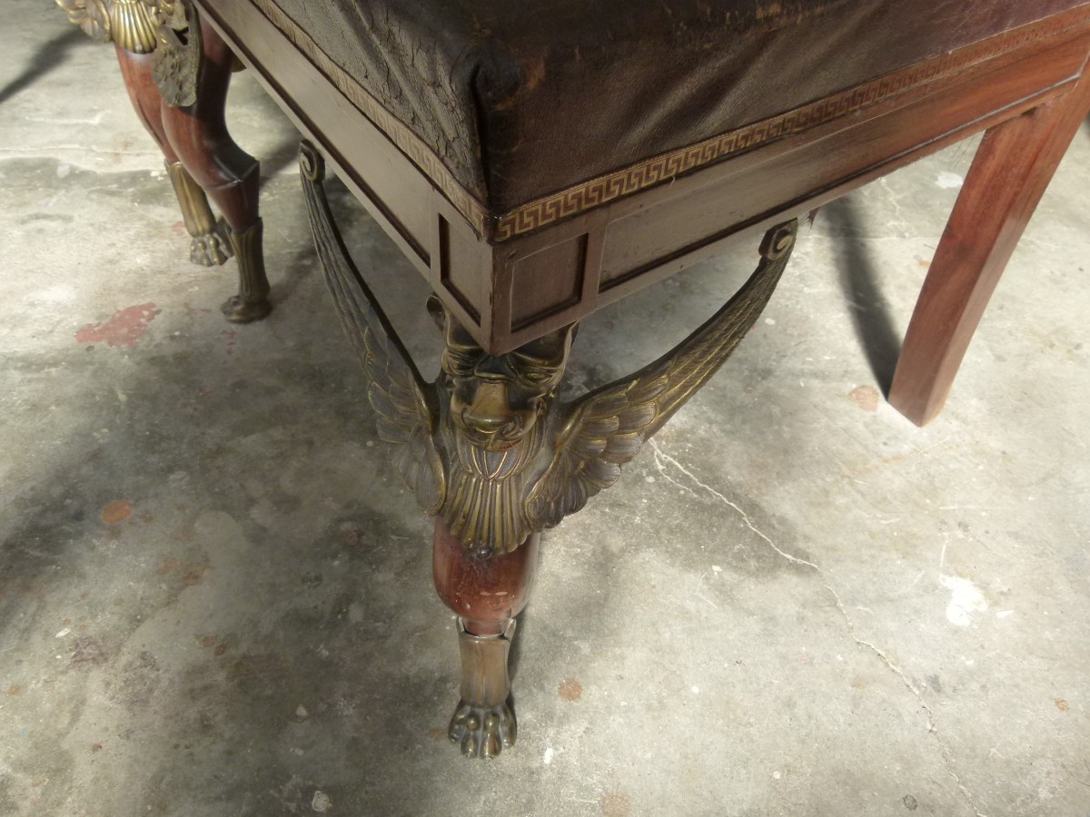 Pair  de fauteil Empire en cuir et bronze-photo-5