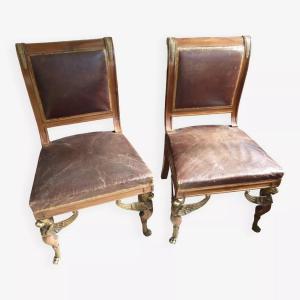 Pair Of Empire Armchairs In Leather And Bronze