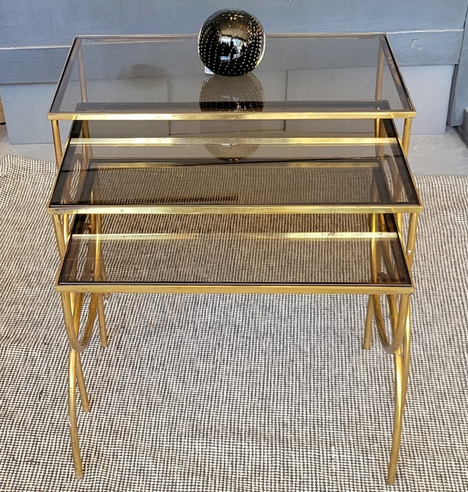 Brass And Smoked Glass Low Nesting Tables