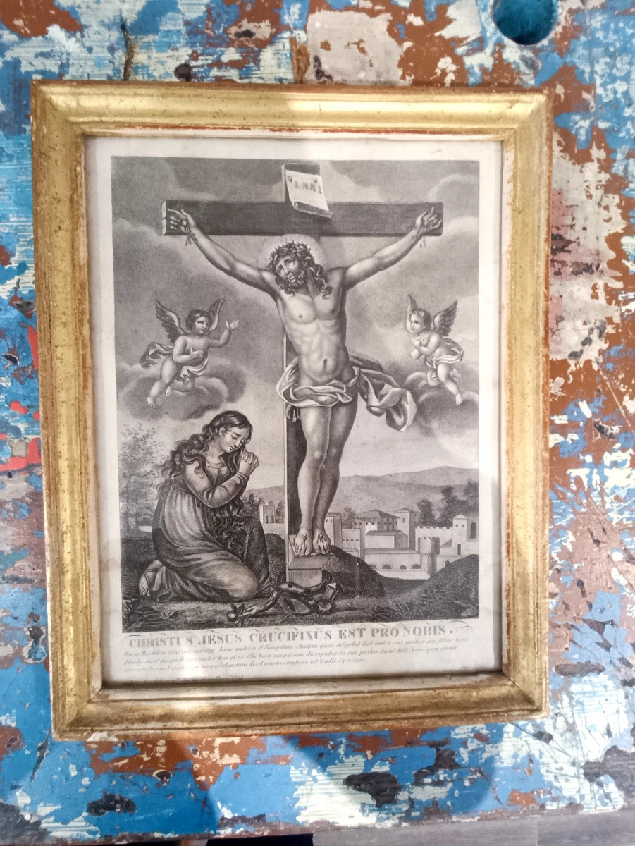 Gravure ancienne : scène de la crucifixion-photo-2