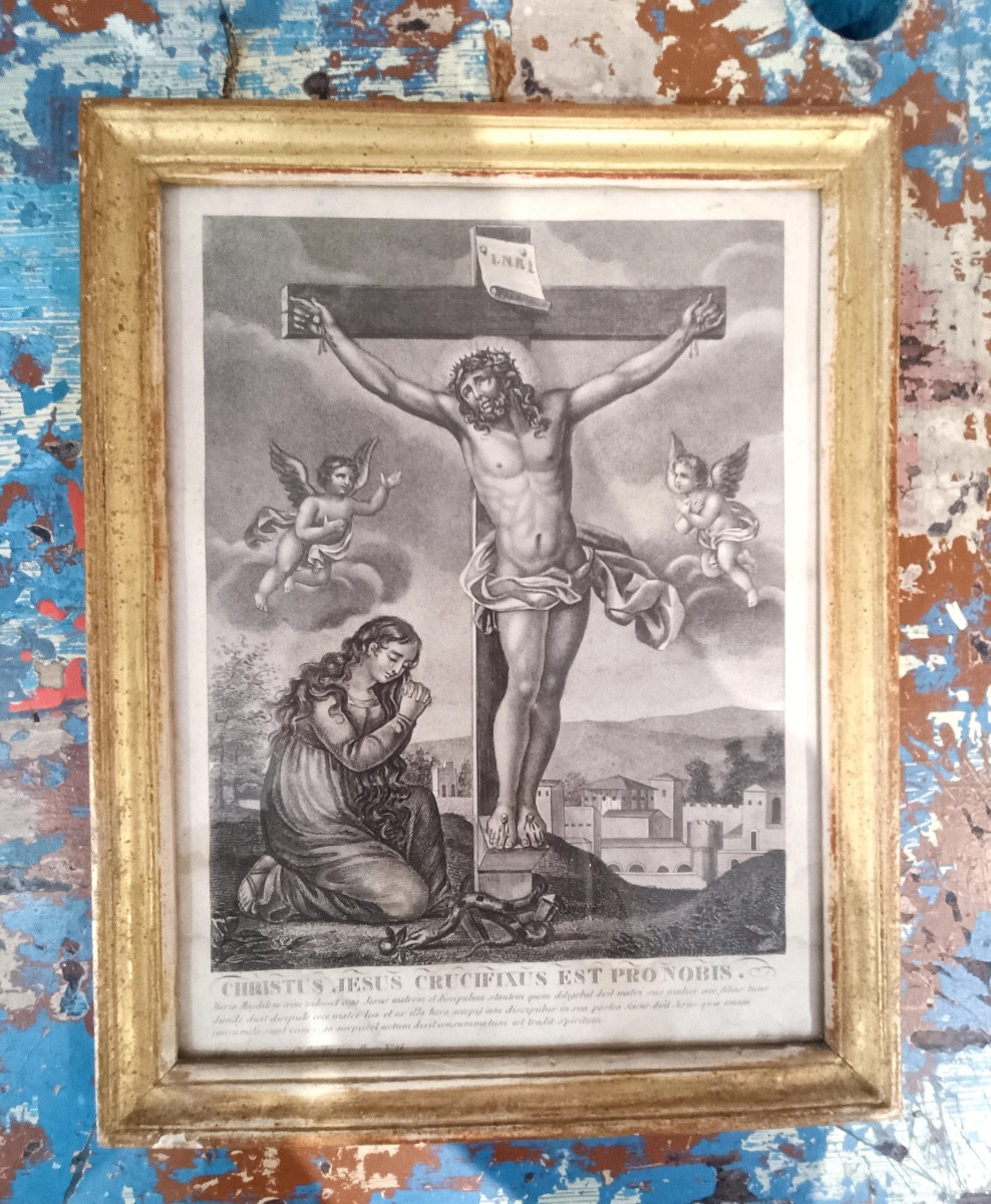 Gravure ancienne : scène de la crucifixion