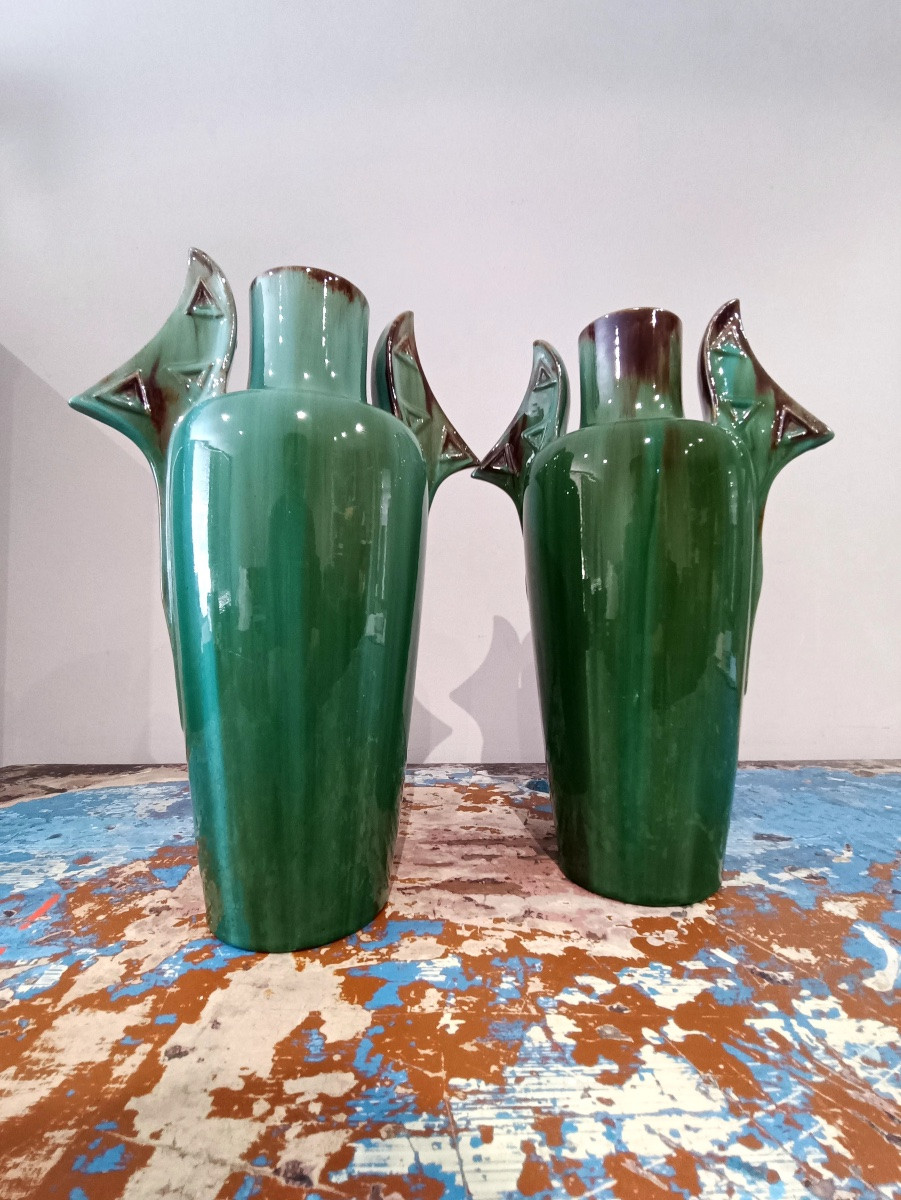 Paire de vases modernistes en céramique émaillée verte – Clément MASSIER-photo-2