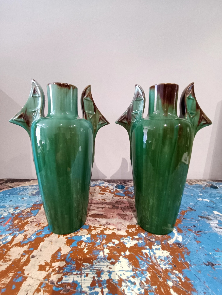 Paire de vases modernistes en céramique émaillée verte – Clément MASSIER-photo-3