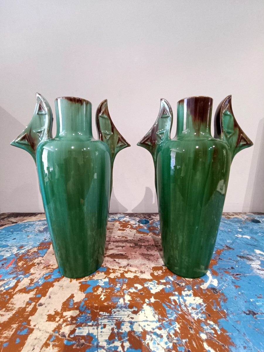 Paire de vases modernistes en céramique émaillée verte – Clément MASSIER-photo-4