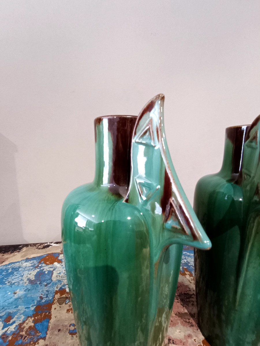 Paire de vases modernistes en céramique émaillée verte – Clément MASSIER-photo-1