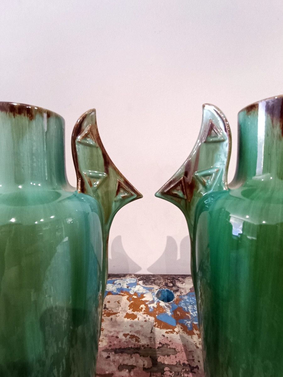 Paire de vases modernistes en céramique émaillée verte – Clément MASSIER-photo-2