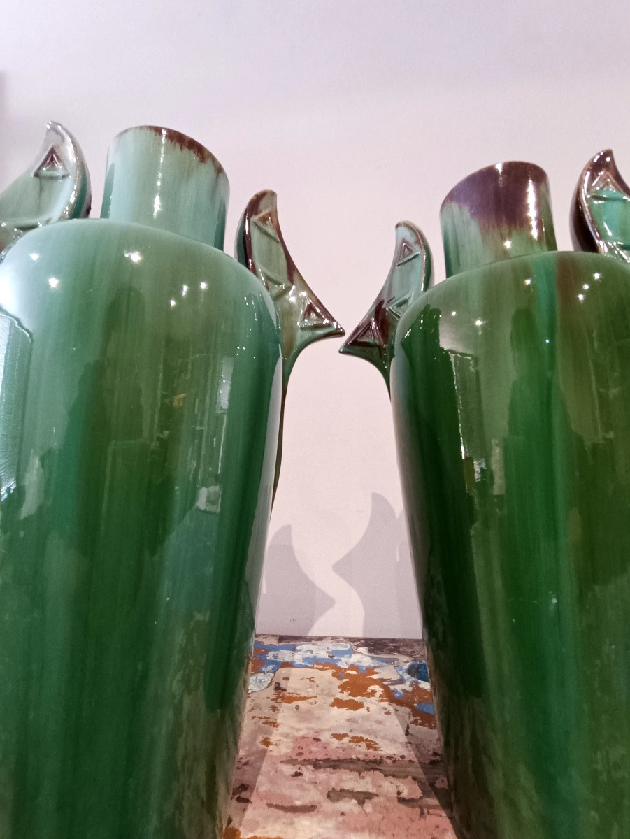 Paire de vases modernistes en céramique émaillée verte – Clément MASSIER-photo-3
