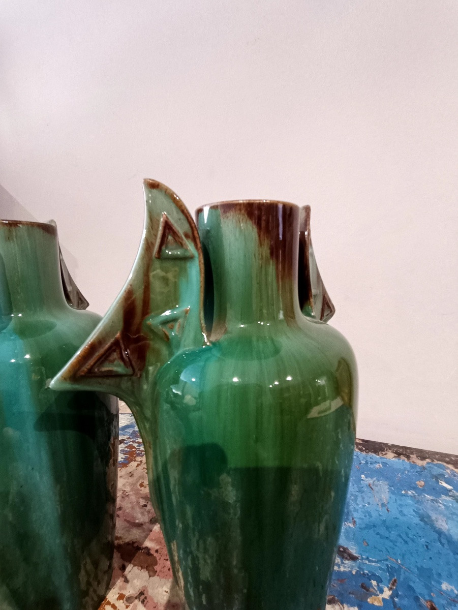 Paire de vases modernistes en céramique émaillée verte – Clément MASSIER-photo-4