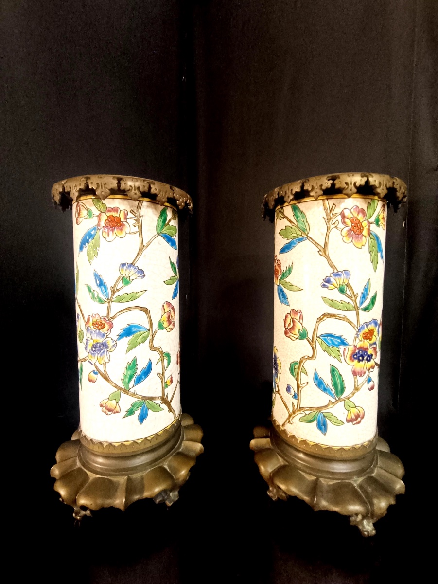 Pair Of Scroll Vases - Emaux De Longwy-photo-2