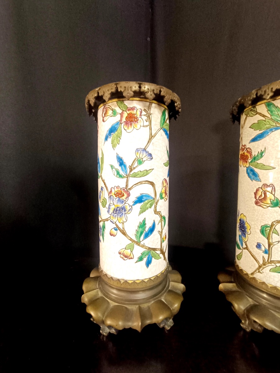 Pair Of Scroll Vases - Emaux De Longwy-photo-3