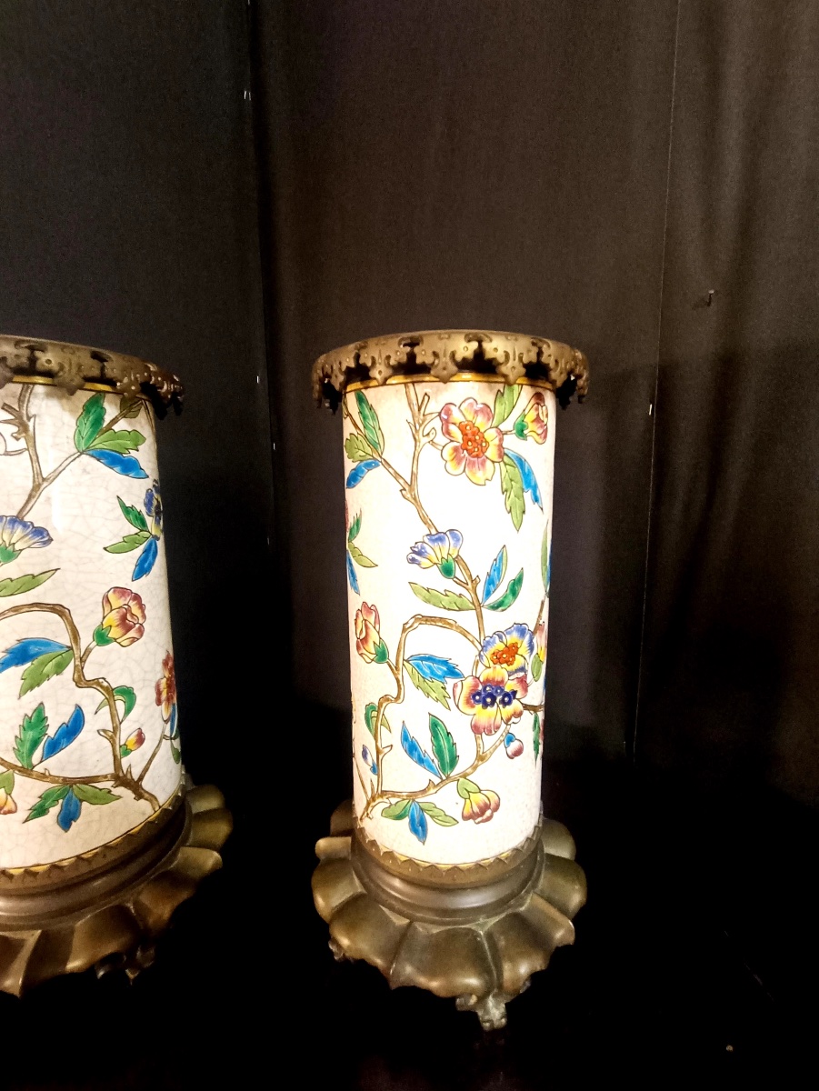 Pair Of Scroll Vases - Emaux De Longwy-photo-4