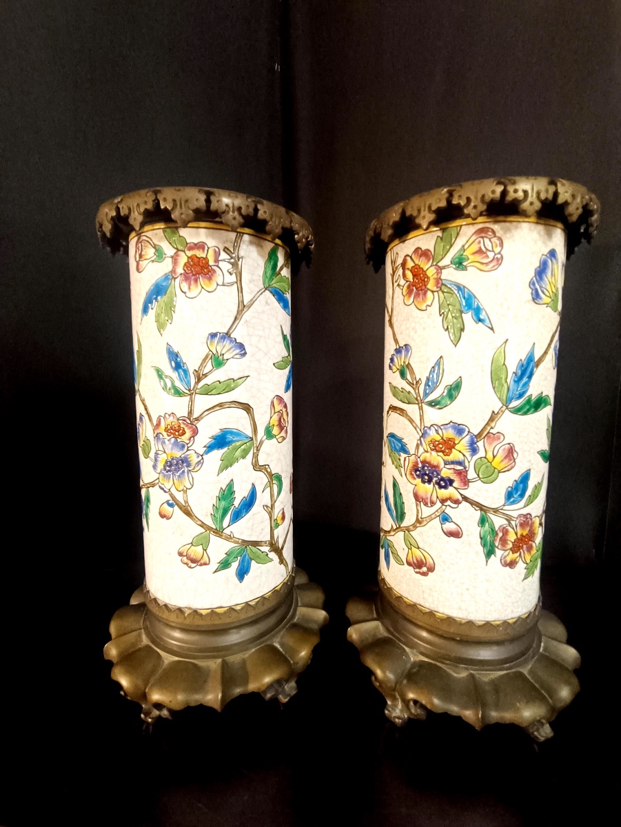 Pair Of Scroll Vases - Emaux De Longwy-photo-1