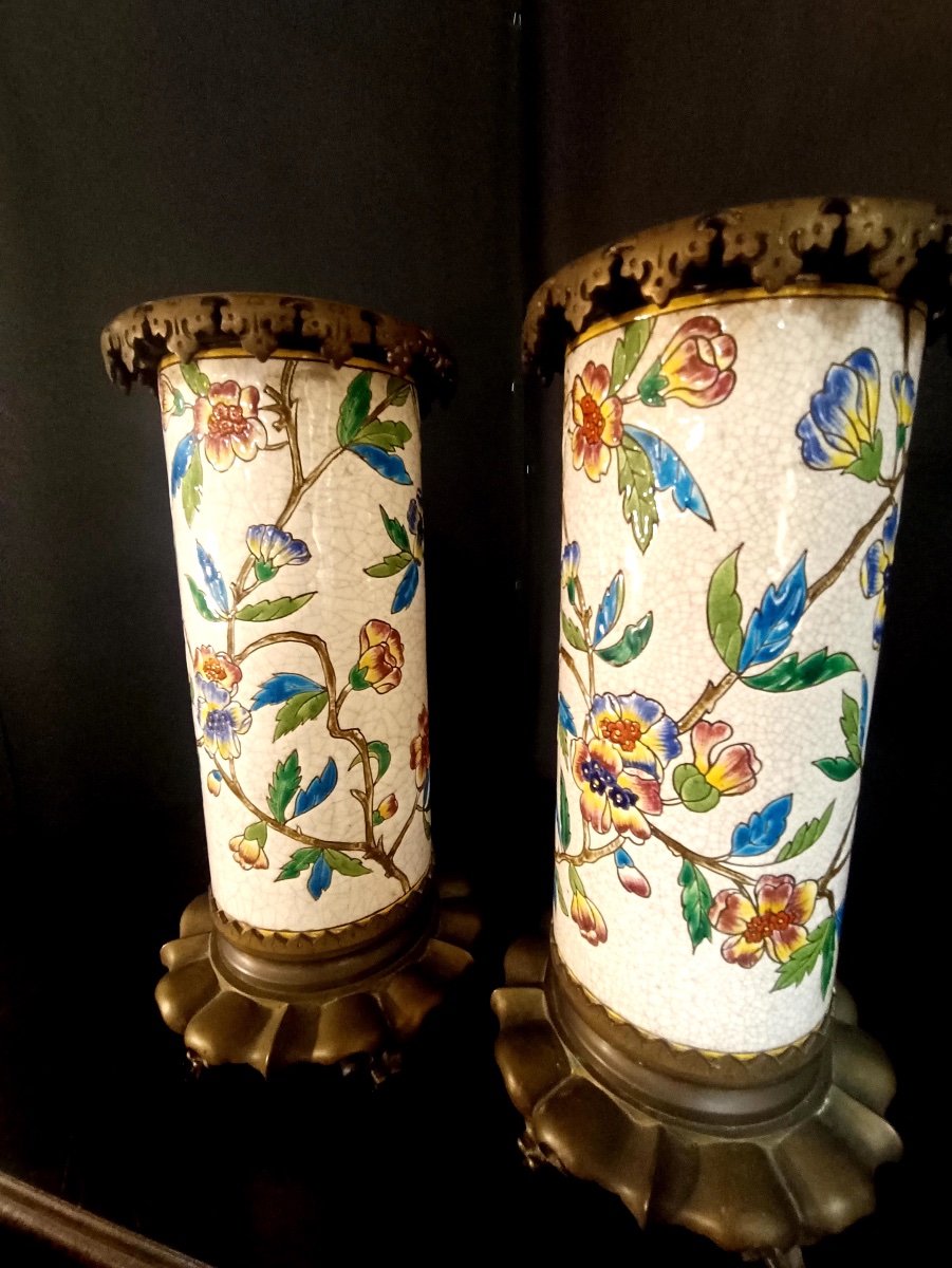 Pair Of Scroll Vases - Emaux De Longwy-photo-2