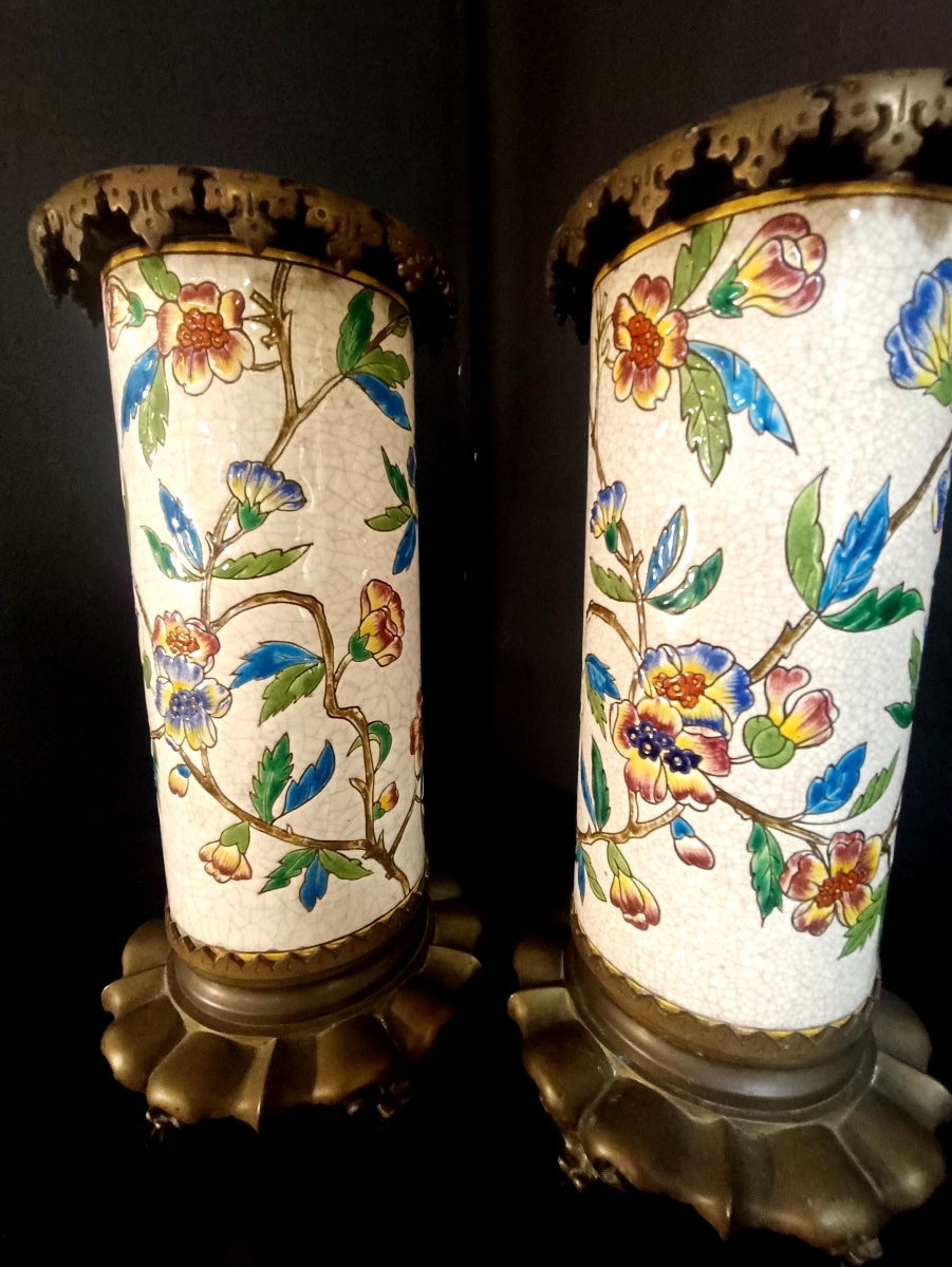 Pair Of Scroll Vases - Emaux De Longwy-photo-3