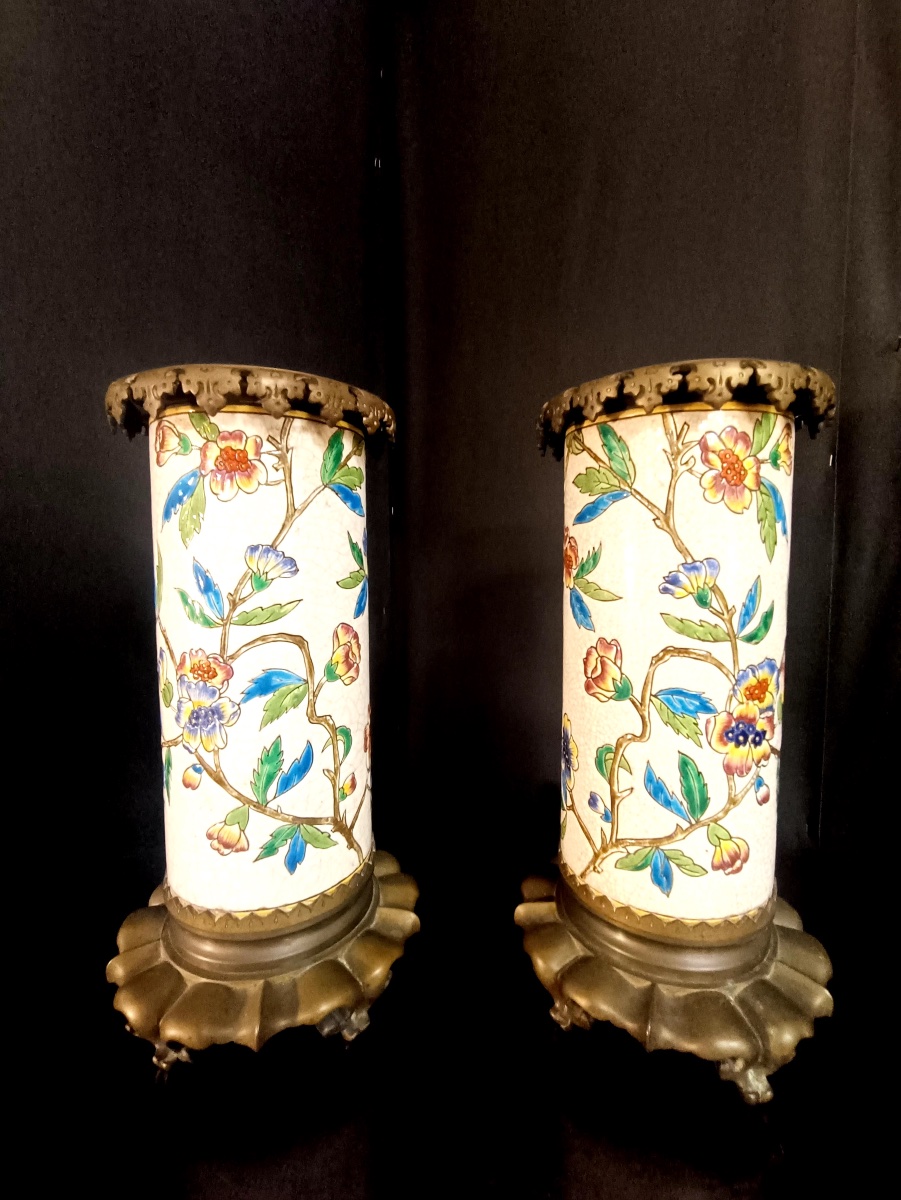 Pair Of Scroll Vases - Emaux De Longwy