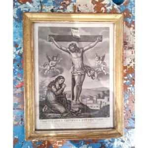 Gravure ancienne : scène de la crucifixion