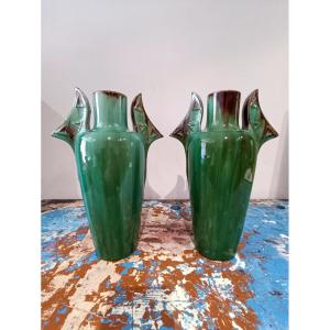 Paire de vases modernistes en céramique émaillée verte – Clément MASSIER