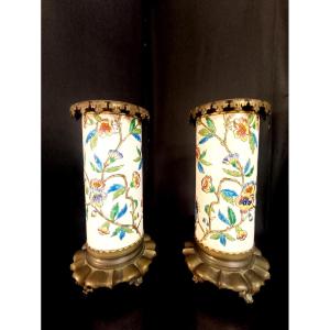 Pair Of Scroll Vases - Emaux De Longwy