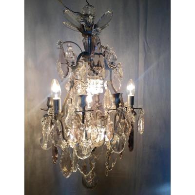 Chandelier In Bronze Silver And Crystal Pendants